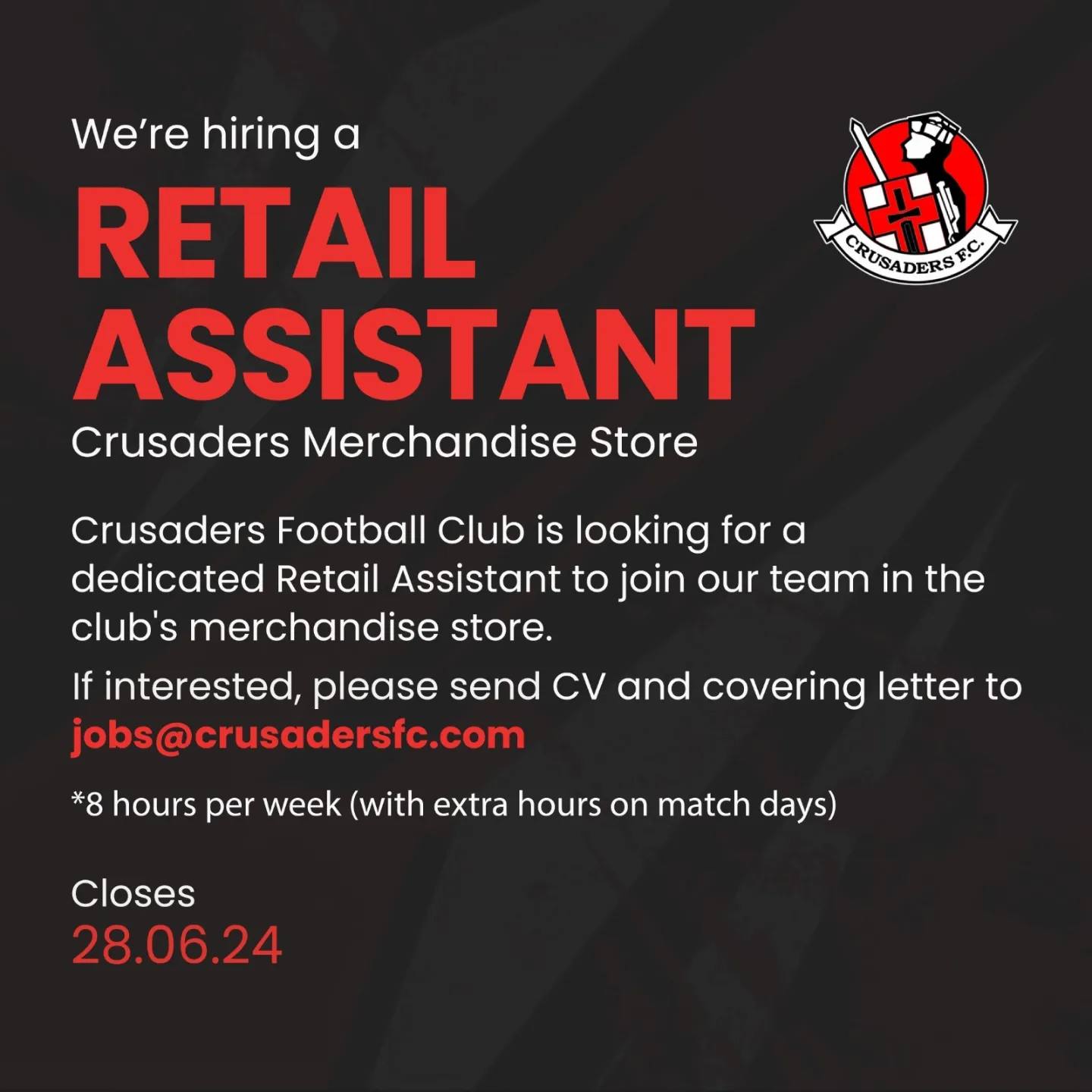 Retail Assistant – Crusaders Football Club Merchandise Store*